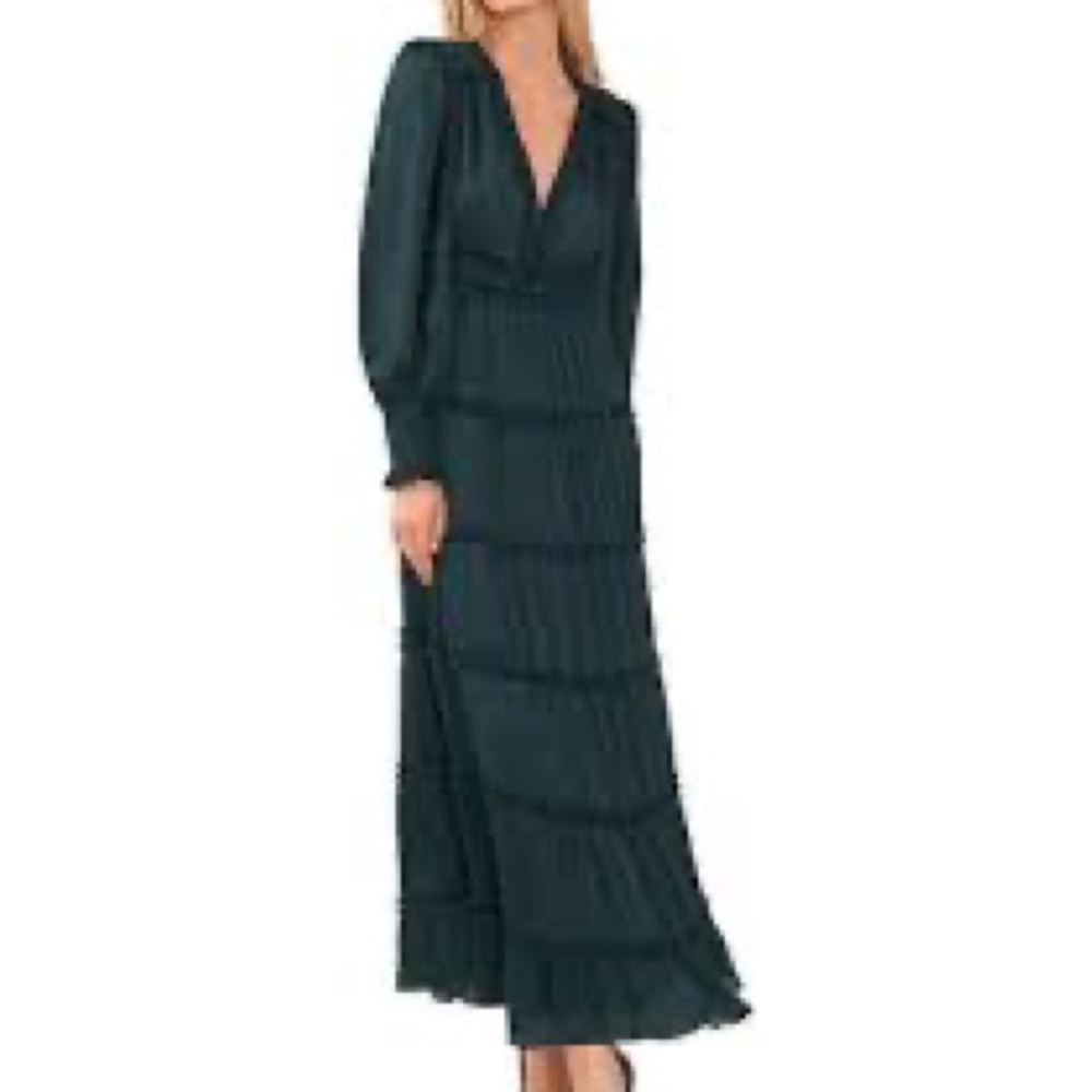 Satin Ruffle V-Neck Long Smocked Cuff Sleeve Tiered Maxi Dress